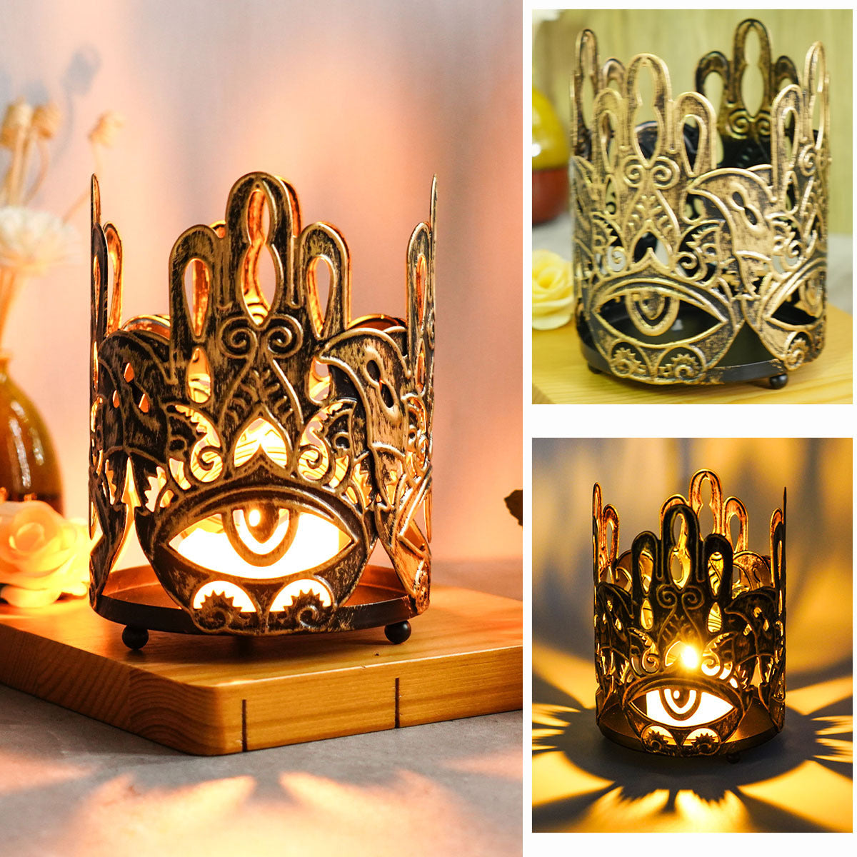 Vintage Iron Hand of Fatima Candle Holder with Cutout Design