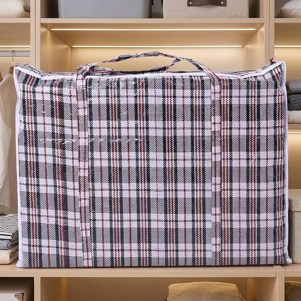 Waterproof Storage Bags and Clothes Storage Bag, Reinforced Woven Polypropylene Moving Bag for Bedroom, 78x55x14cm Plaid Design