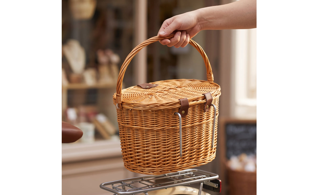 Wicker Cycle Basket with Lid Woven Wicker Bike Basket with Handle Vintage-Style for Cyclists, Commuters, Picnics, Grocery Shopping, Commuting
