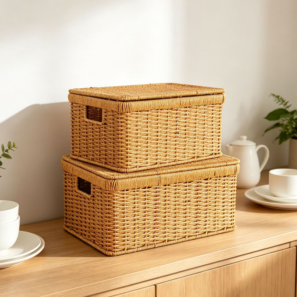 Nordic Storage Box with Rattan Look, Waterproof Flip-Top Organizer
