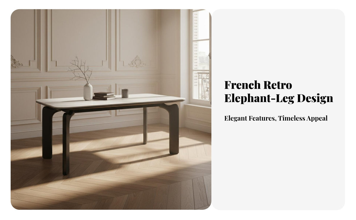 Sintered Stone Top Rectangular Table with Elephant Legs Modern Minimalist aesthetic Dining Furniture French Retro Influence Space-Saving for Small Apartment Dwellers, Families, Homeowners, Home, Kitchen, breakfast corner