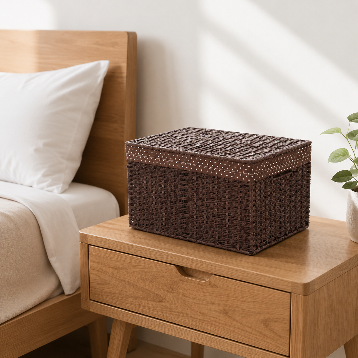 Paper Rope Storage Basket with Lid, 38x26x25cm Woven Rectangular Hamper, Plaid Lined for Living Room & Kids Bedroom