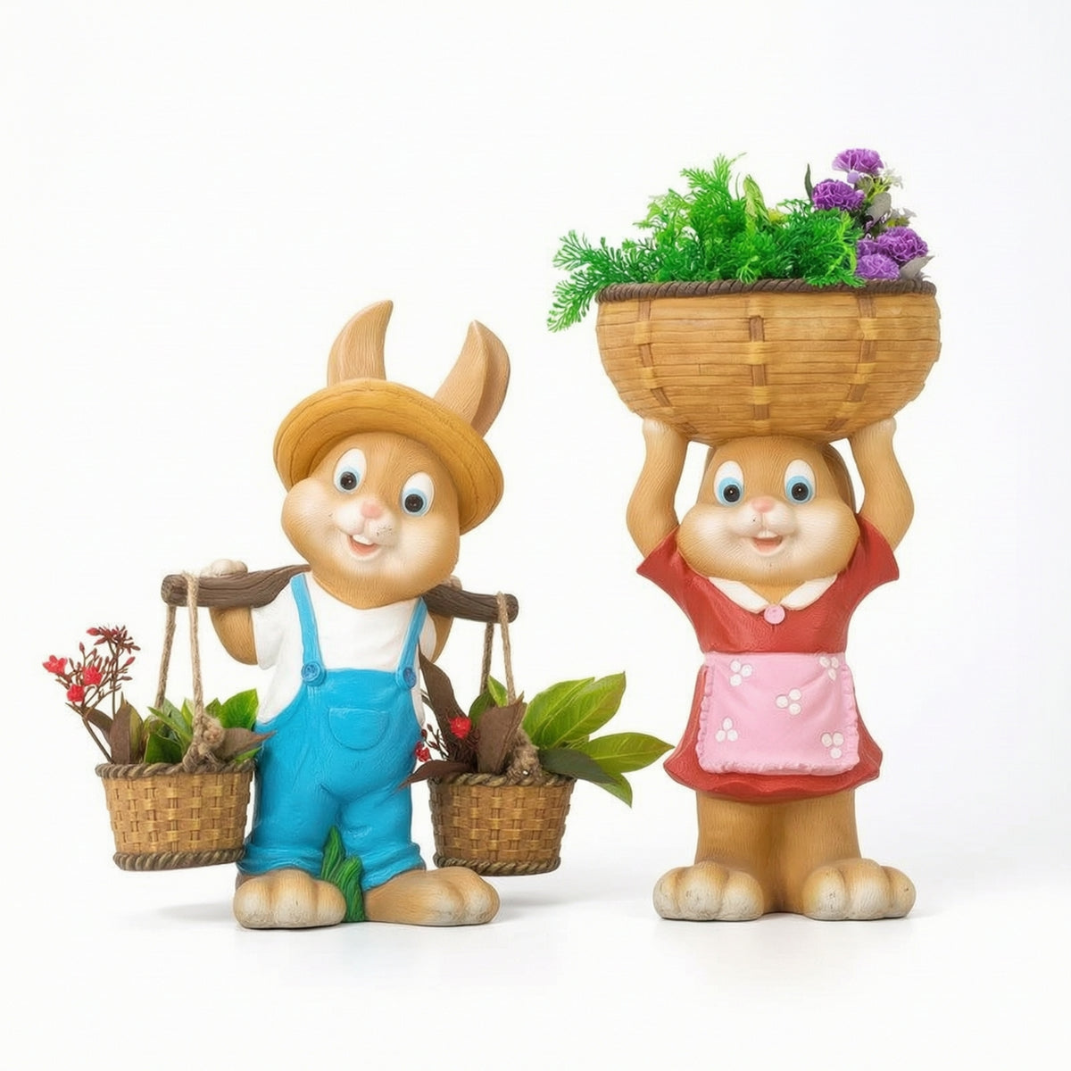 Rabbit Statue with Basket Freestanding Statue with Planter Outdoor for Balcony