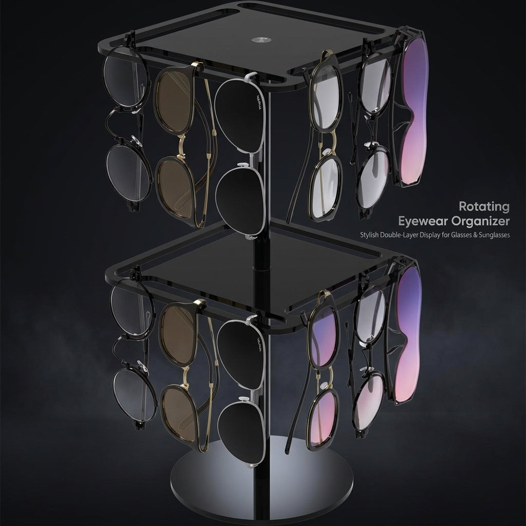 Acrylic Sunglasses Organiser, 2-Tier Rotating Display Stand, Clear Desktop Eyewear Holder for Retail