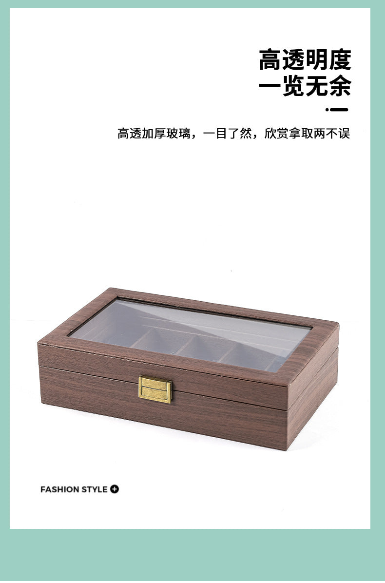 Retro Wood Grain Eyeglasses Storage Box with Transparent Lid, Multi-Compartment