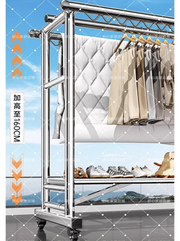 304 Stainless Steel Thickened Floor Standing Clothes Drying Rack, Movable and Windproof