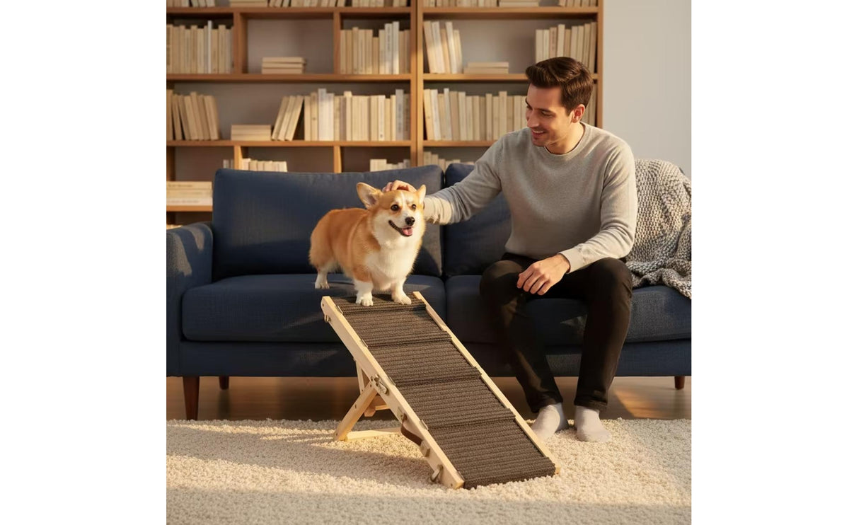 Non-Slip Adjustable Dog Ramp Foldable Wooden Pet Ramp Collapsible Stairs Sturdy for Small Dogs, Senior Pets, High Bed, Couch
