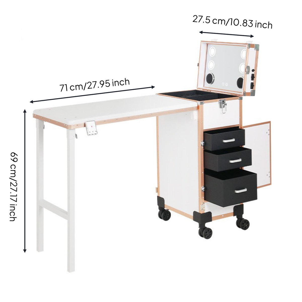 Fold-out Makeup Case with Table Portable Rolling Vanity Station Hard-Sided Makeup Train Case with Drawers Built-Info Nail Technicians, Beauty Salons, Studios