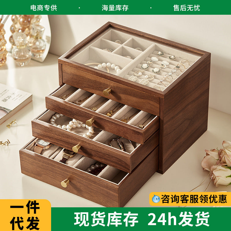 Multi-layer Visible Jewelry Storage Box with Walnut Wood Grain, Drawer Style
