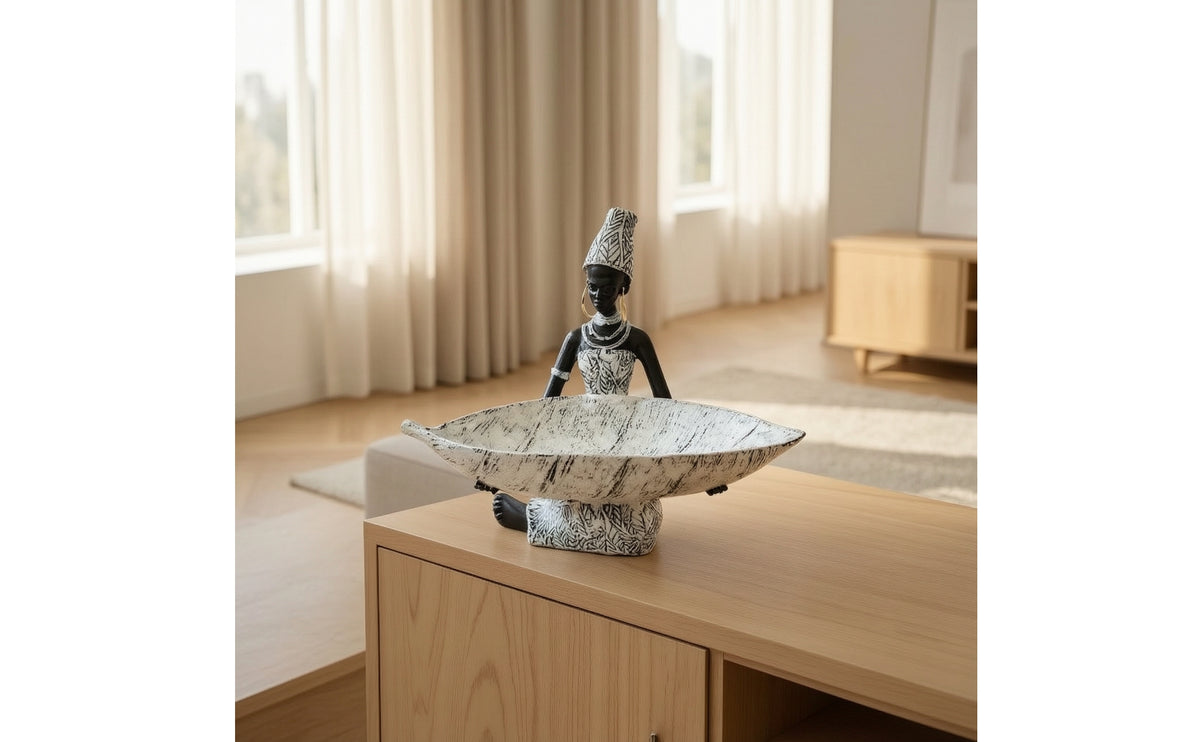 African Woman Figurine Tabletop Figurine with Leaf Tray Functional Sculpture with Tray for Entryway