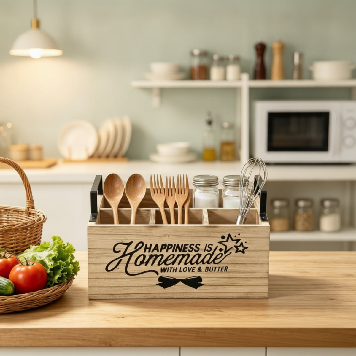 Storage Box with Handles Rectangular Countertop Storage Box Farmhouse Silverware Holder for Dining Room