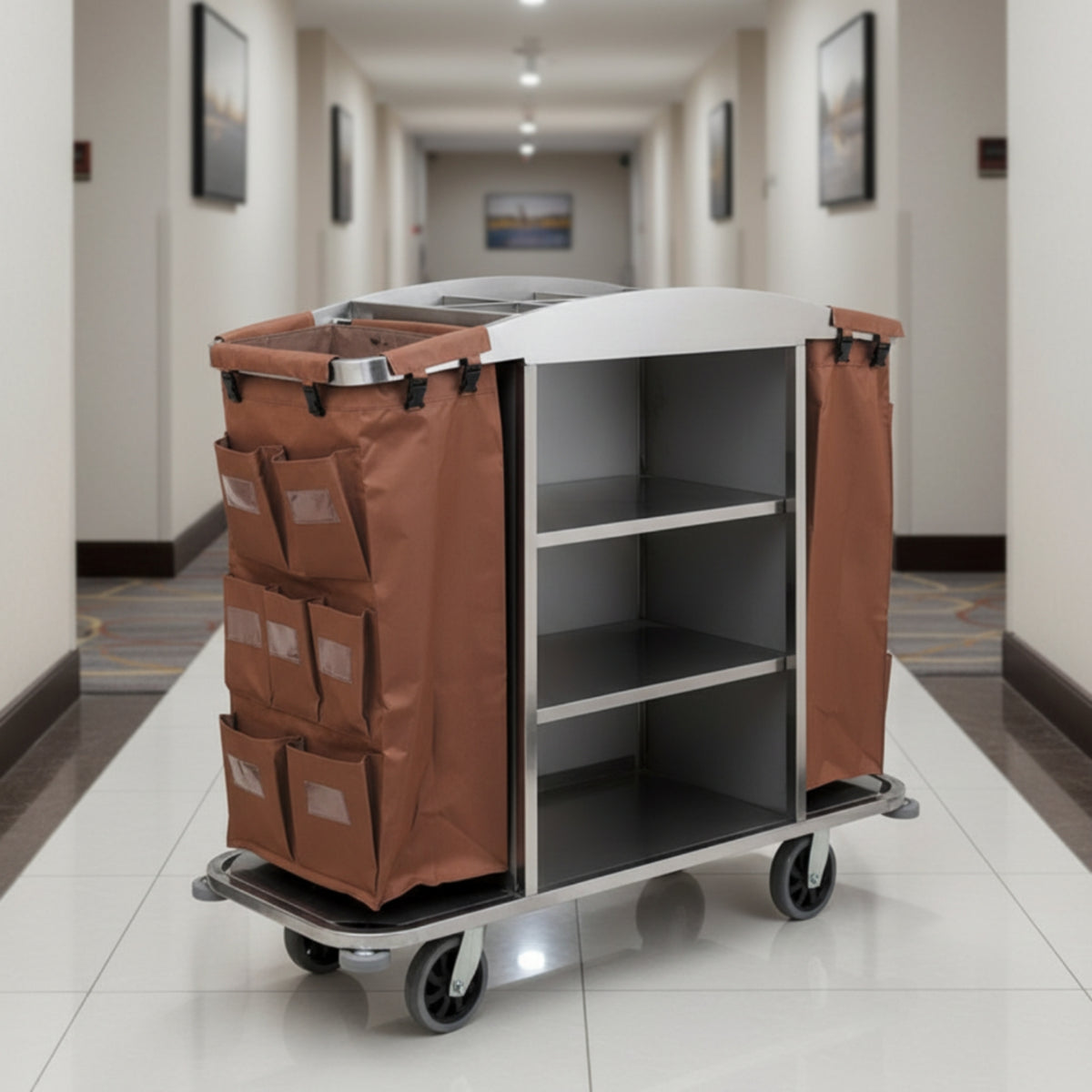 Waterproof Housekeeping Trolley with Bags Multi-Level Hotel Cart with Wheels Commercial Service Trolley with Shelves Organized for Cleaning Teams, Hotels, Resorts