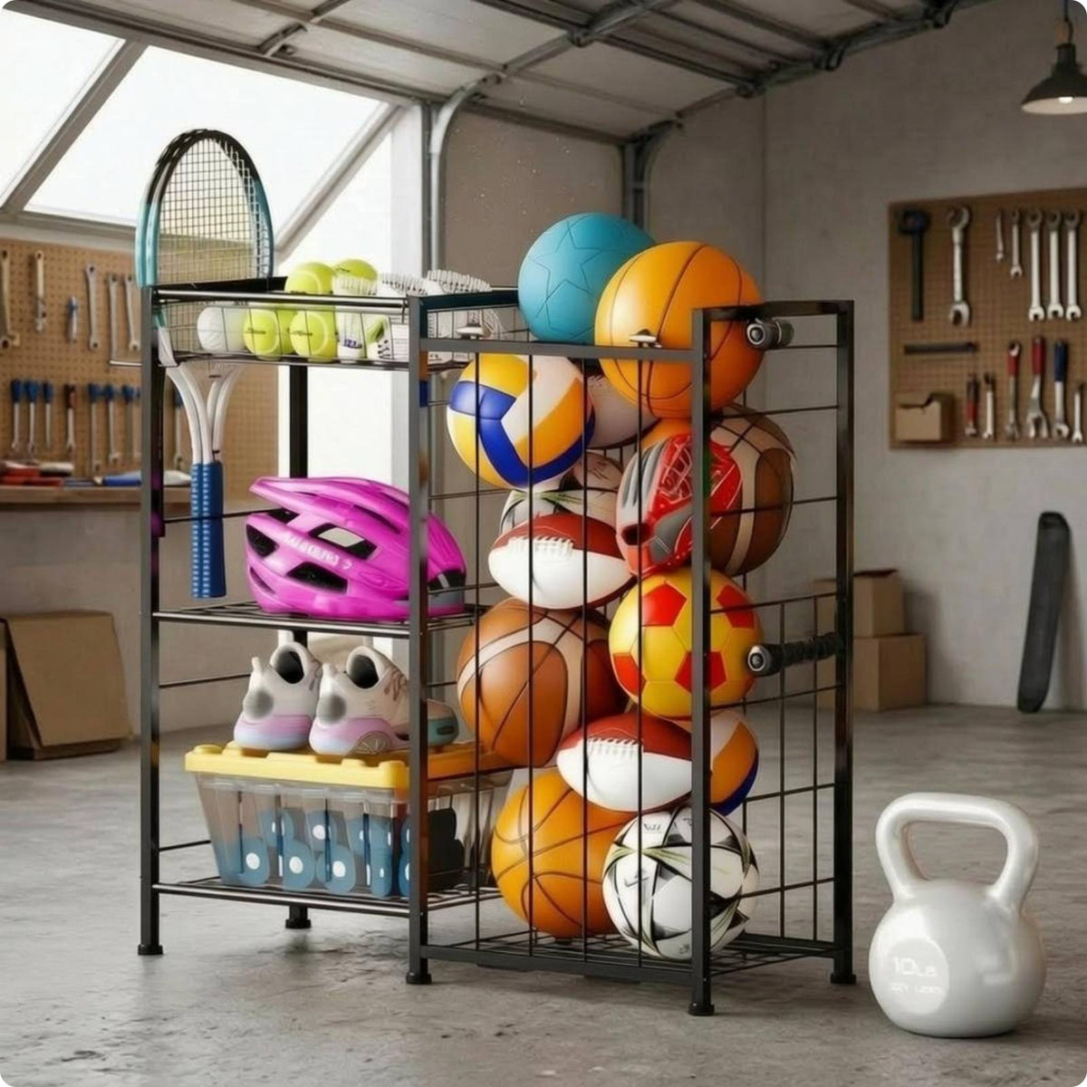 Wire Frame Sports Ball Rack Black Metal Tiered Ball Rack Elastic Straps Foldable for Indoor Use