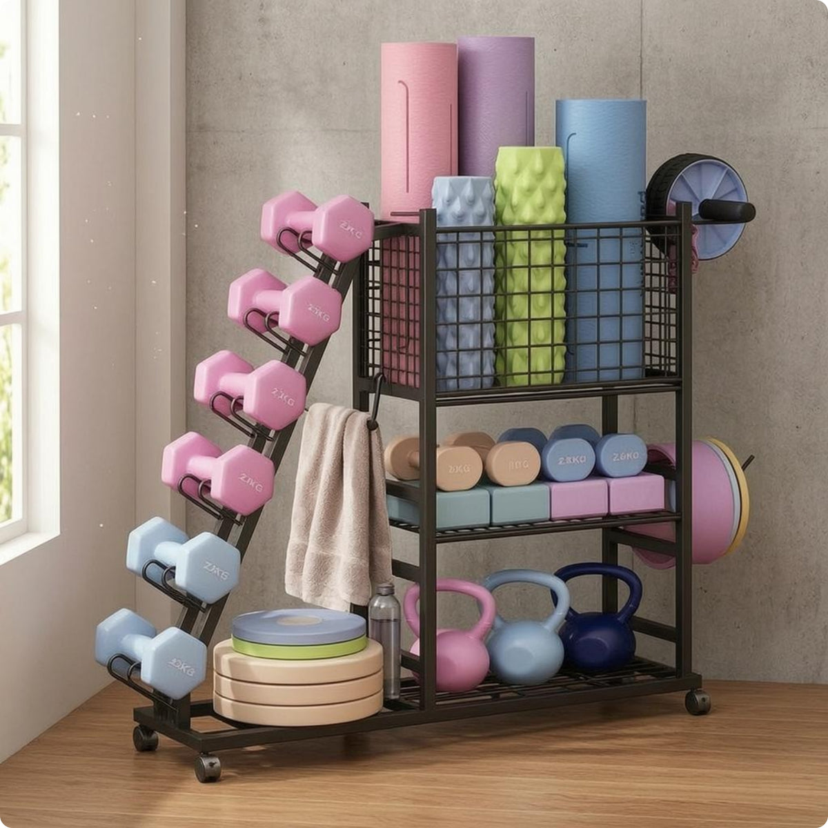 Workout Equipment Storage Rack Wheeled Rolling Gym Organizer Carbon Steel
