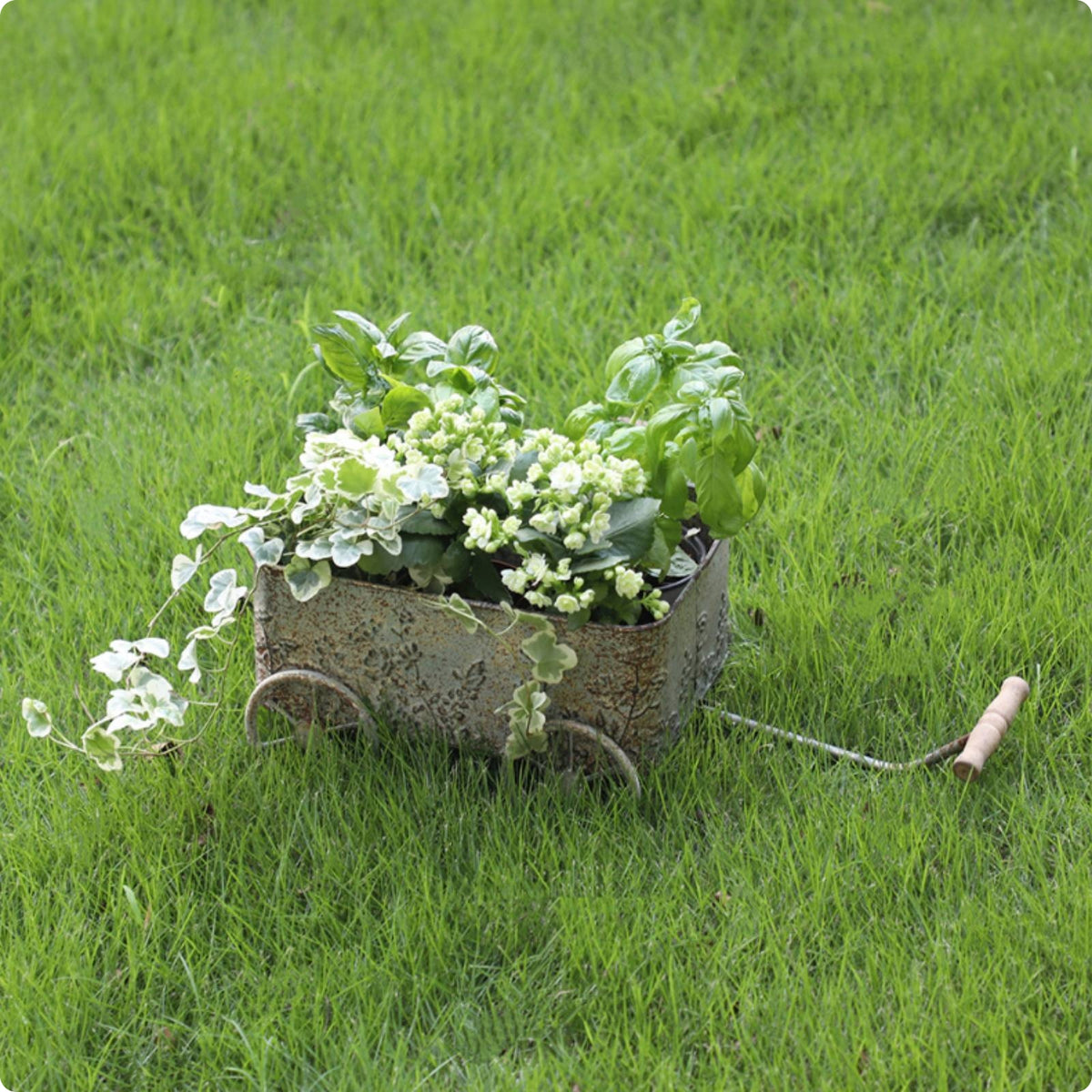 Iron Planter Cart Distressed Antique Finish Garden Decor Spoked Wheels Plant Container for Patio