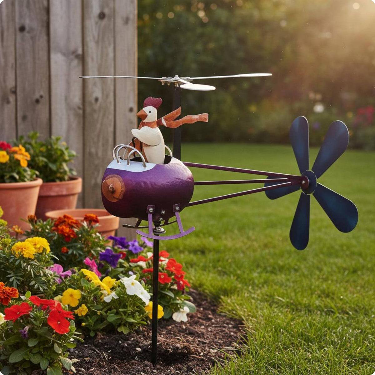 Chicken Helicopter Wind Vane Fun Design Rooster Helicopter for Patio