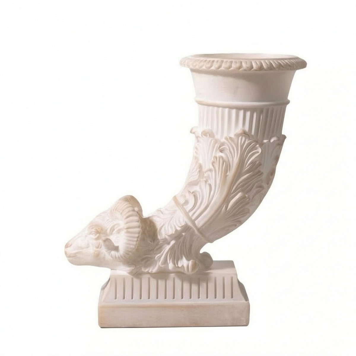 Ram-Head Vase Ornament Carved Relief Faux-Jade Tusk-Shaped Vase Flared Top