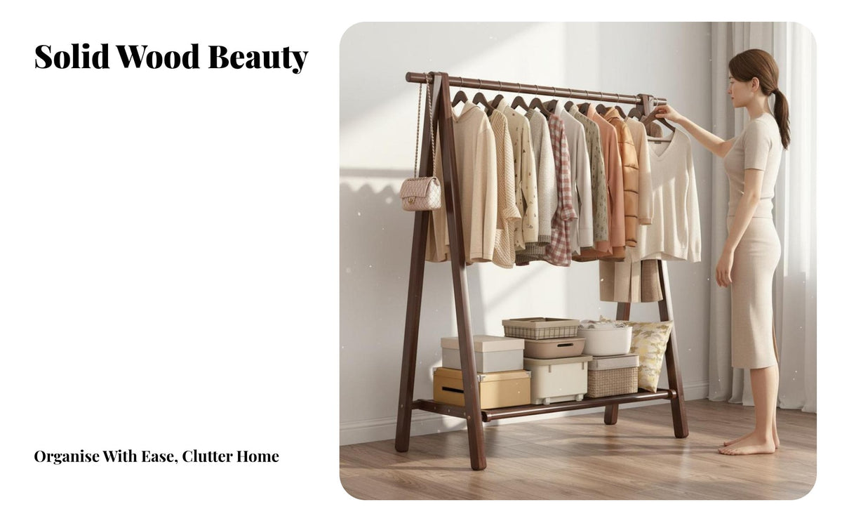 Solid Wood Wooden Clothes Rack Stable Structure Unattached Standing Clothes Rack Heavy Duty Wooden Clothing Stand Space Saving for Students, Homeowners, Renters, Living Room, Entryway, Apartment, Walk-in Closet