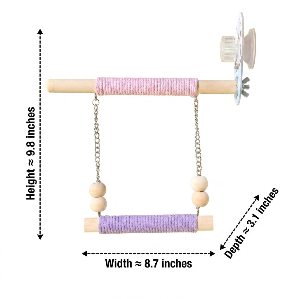 Bird Swing Suction Cup Perch with 2 Rope Wrapped Wood Perch Toy Units, Wooden Bird Toy for Budgie, Cockatiel, and Lovebird Toy Stand