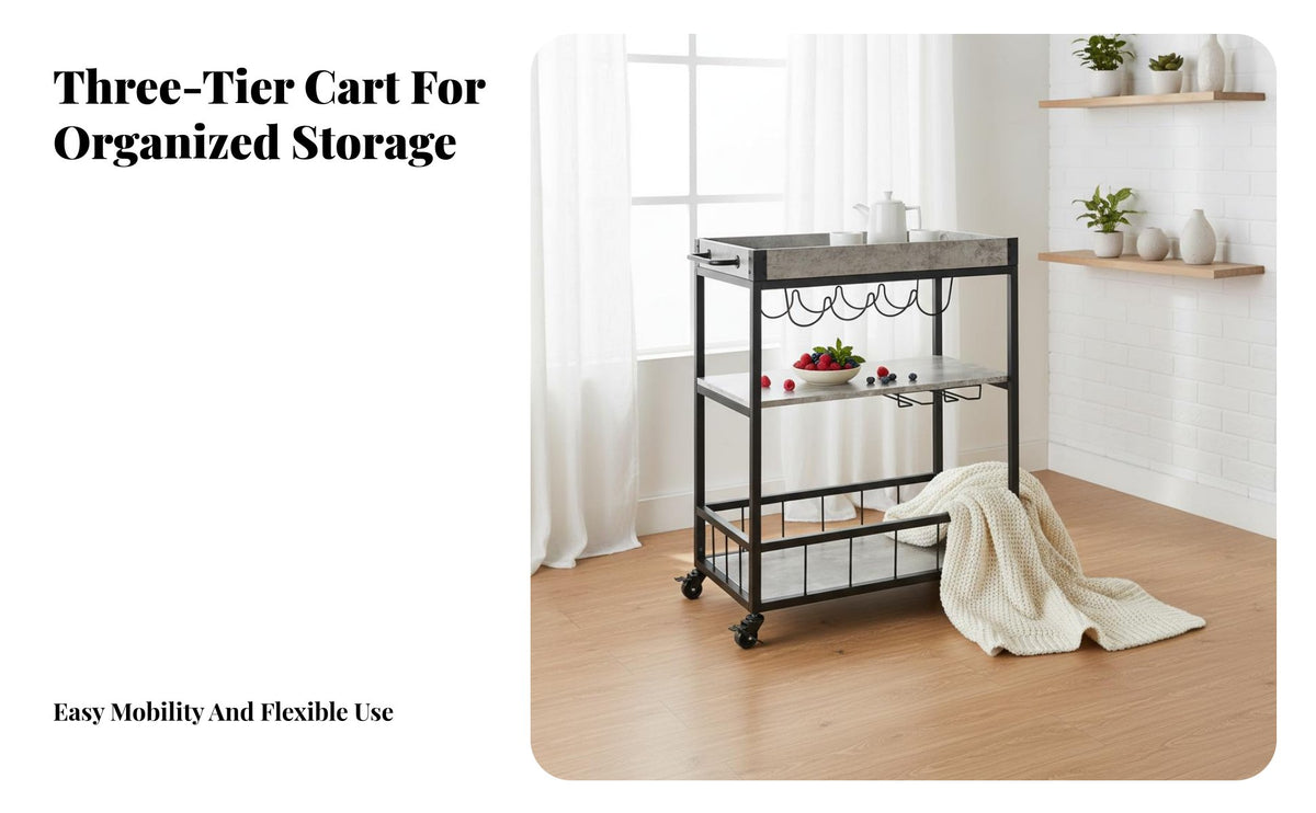 Lockable Wheels Rolling Bar Cart Casters with Brakes Mobile Utility Cart Removable Tray 3 Tier Kitchen Trolley Wine Rack for Restaurant Personnel, Entertainers, Apartment Dwellers, Hotel, Dining Room, Office