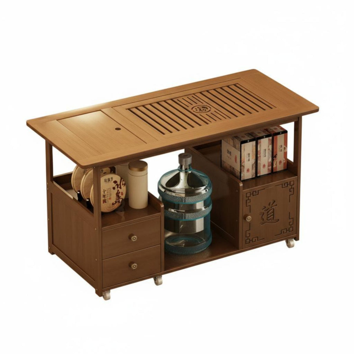Mobile Tea Station with Integrated Kettle Space-Saving Serving Trolley Multishelf Storage hidden Water Supply for Homeowners