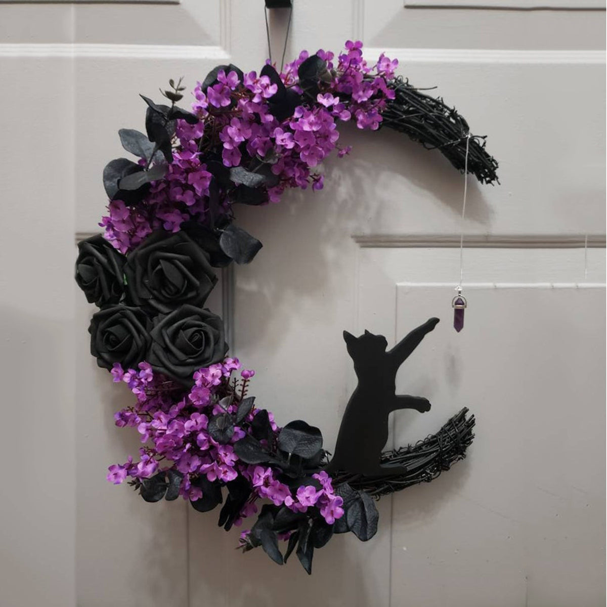Crescent Moon Cat Wreath Door Hanging for Halloween
