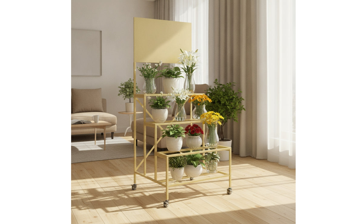 Wheeled Flower Display Stand with Wheels Rolling Stepped Flower Display Stand Metal Three-Tier Plant Rack Vertical for Florists, Studios, Storefronts
