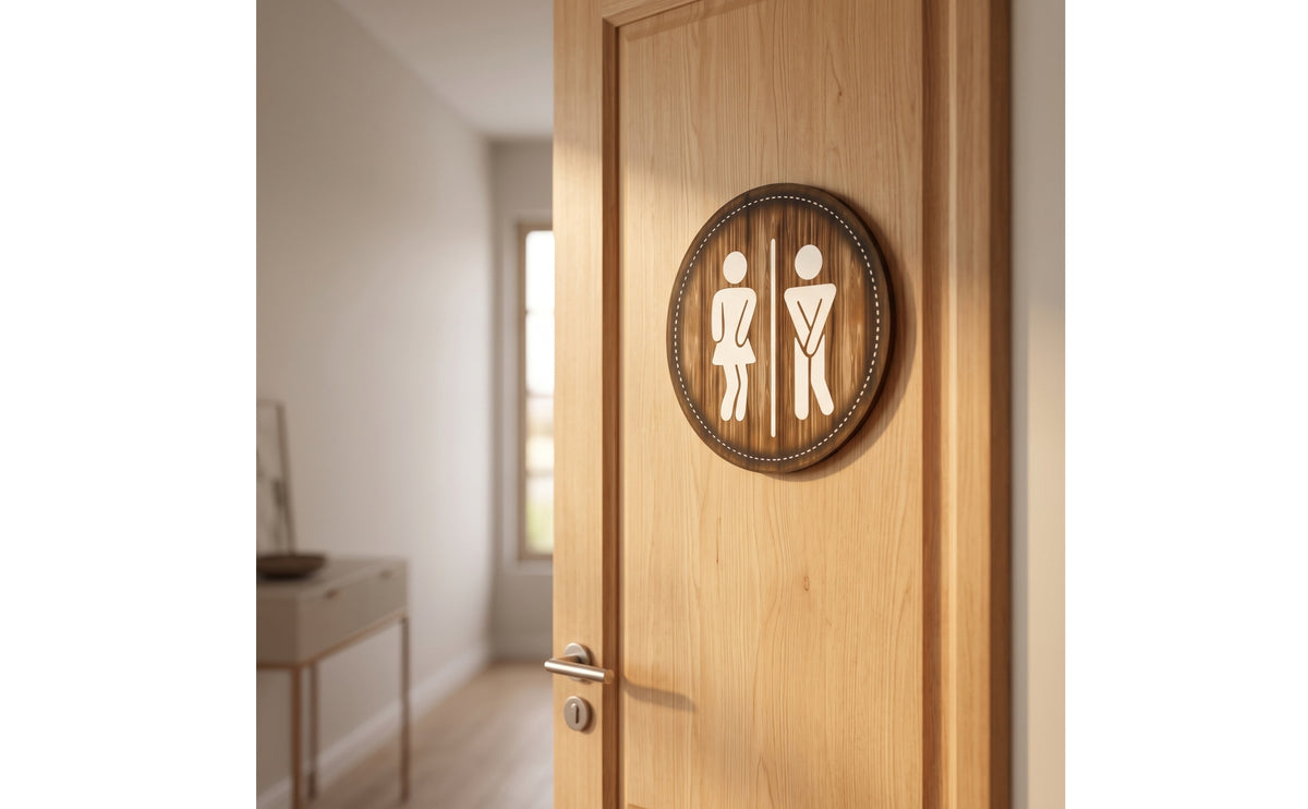 Wooden Restroom Sign with Pictograms Rustic Restroom Sign Round Plaque Circular for Powder Room, Guest Bath, Cafe, Office