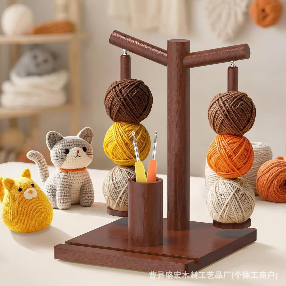 Wooden Yarn Spool Holder Stand Desktop Yarn Base with Solid Wood and Phone Holder