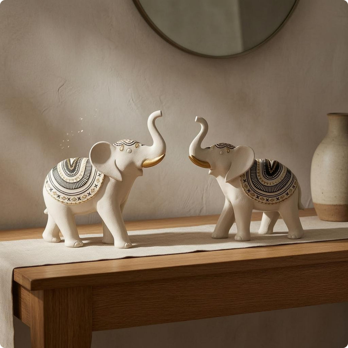 2 Pieces Resin Elephant Figurines Geometric Pattern Elephant Statue Set Textured Animal Ornaments