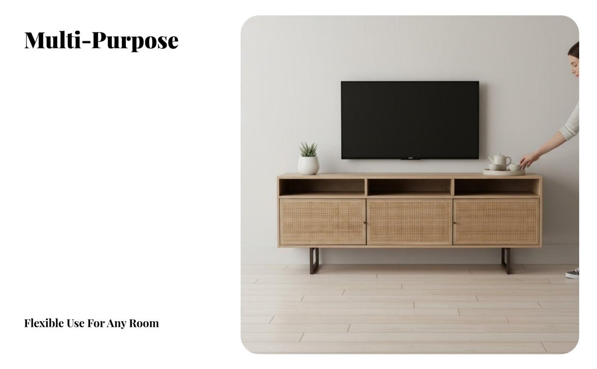Japanese aesthetic Low Cabinet with Woven Doors Nordic Aesthetic Sideboard Multi-Functional TV Stand Raised on Legs for Design aficionados, Homeowners, Renters, Living Room, Bedroom, Entryway