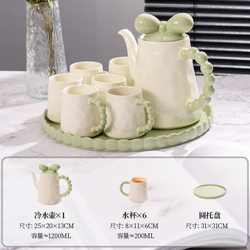 高颜值喝水杯套装家用客厅陶瓷水具茶壶杯子冷水壶茶具乔迁送礼盒 珠把【粉色】6杯1壶+圆形托盘