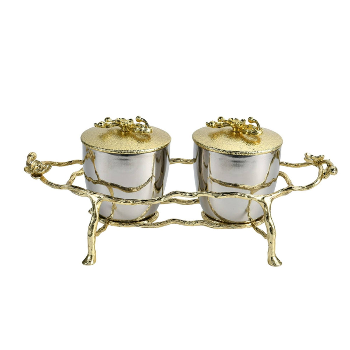 Condiment Jar with Stand Stainless Steel Condiment Jars Golden-Hued-Tone Seasoning Pot with Rack for Hosts, Homeowners, Dining Table