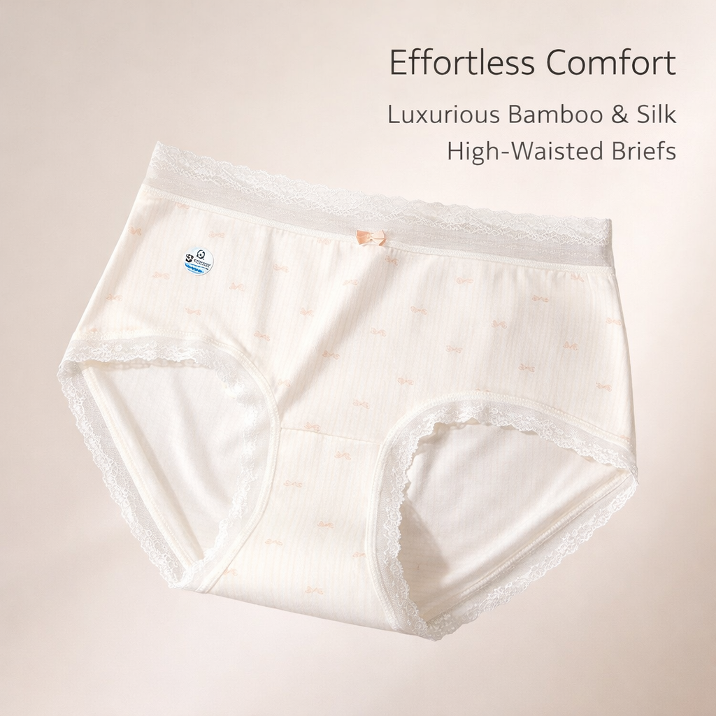 Underwear Women High Waisted Knickers with Silkworm Silk Gusset for Plus Size, Breathable Bamboo Fibre Pants with Extended Coverage