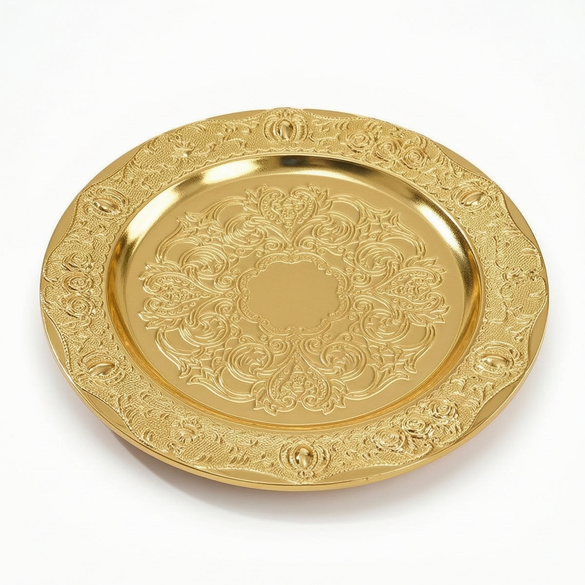 Gold Serving Tray with Raised Rim Ornate Decorative Tray Metal Platter Traditional for Hosts, Table Decor, Tea Service, Banquets