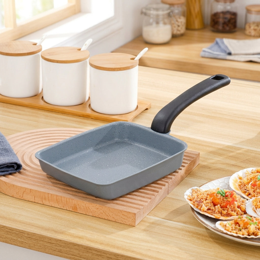 Induction Hob Egg Pan and Poached Egg Pan for Breakfast, Non-Stick Frying Pan and Steak Pan with Wood Grain Handle, Single Bottom, No Lid