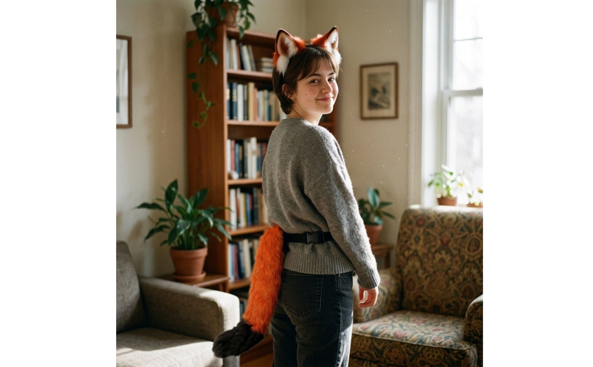 2 Pieces Wolf Ears and Tail Set Faux Hair Wolf Costume Accessory Set Furry Animal Ears and Tail for Cosplayers, Kids, Cosplay, Halloween, Photo Shoots