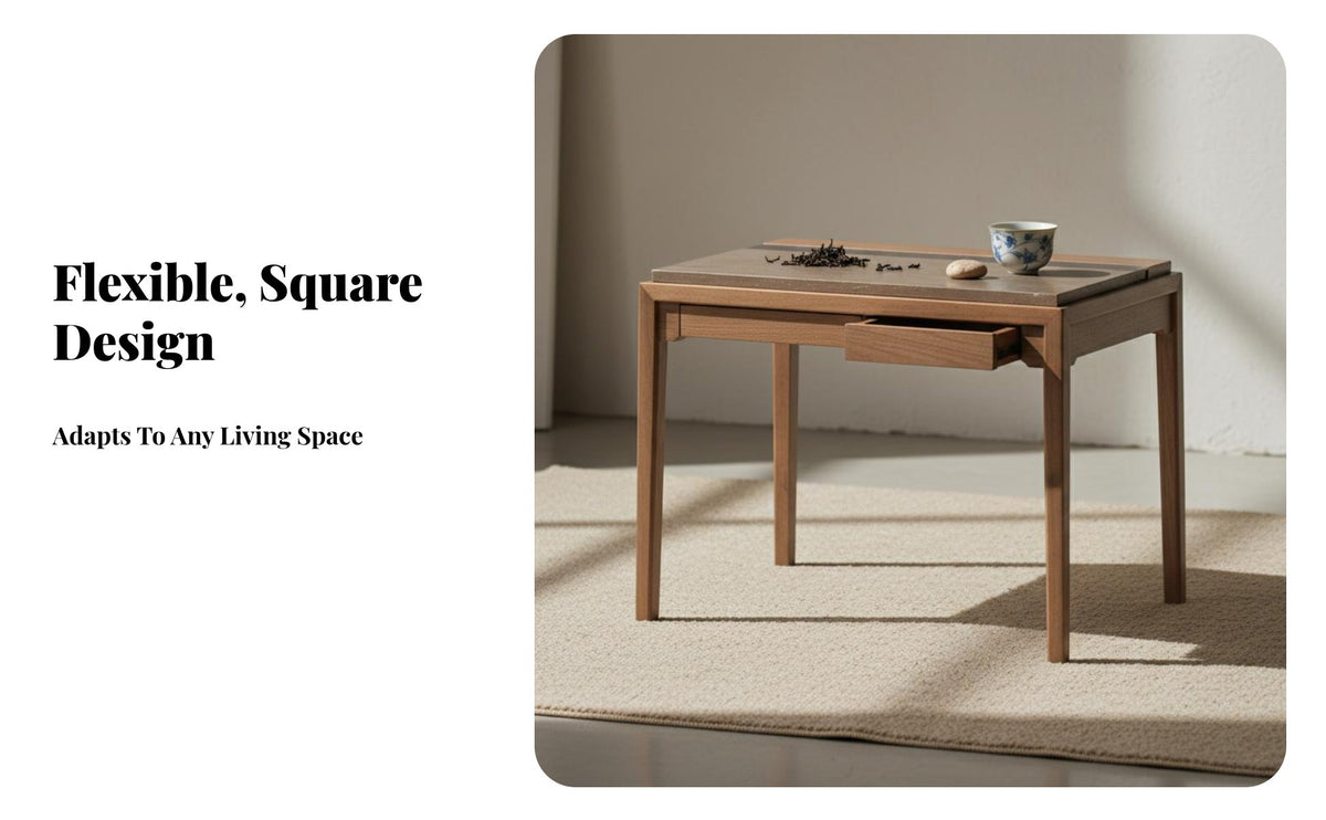 Modern Chinese design Square Wooden Table with Stone Top sturdy Wood Frame 2-Tier Accent Table space-efficient Design Household Furniture Space Saving for Tea Lovers, Admirers of Asian Decor, Apartment Dwellers, Balcony, Living Room, Reception Area, Offic