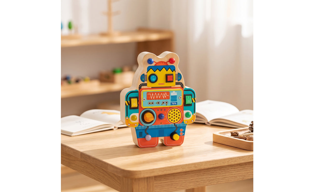 Interactive Robot Busy Board Educational Wooden Robot Toy Educational Busy Board with Switches Handheld for Toddlers, Preschoolers, Airplane, Classroom
