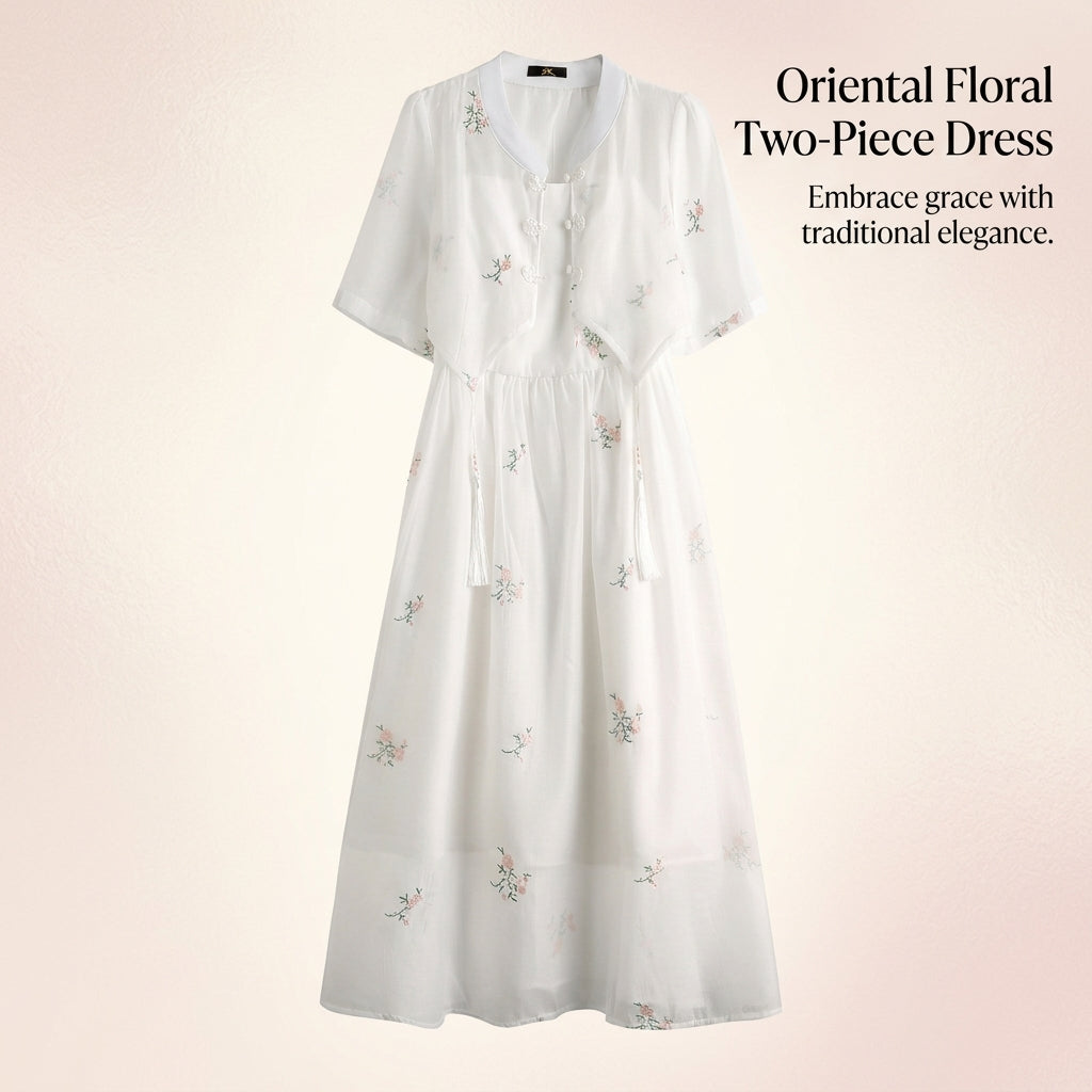 Chinese Dresses for Women Two Piece Traditional Embroidered Dress Set with Floral Pattern, Three Quarter Sleeve Casual Wear for Spring Summer