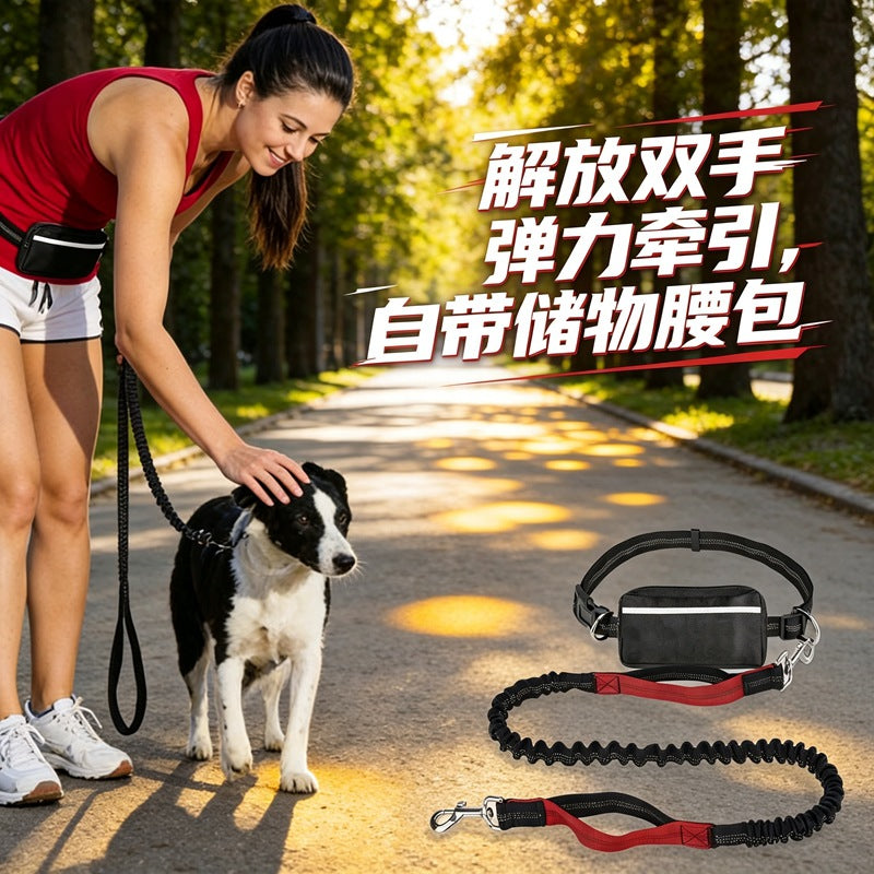 Elastic Reflective Nylon Dog Leash with Storage Waist Bag for Running