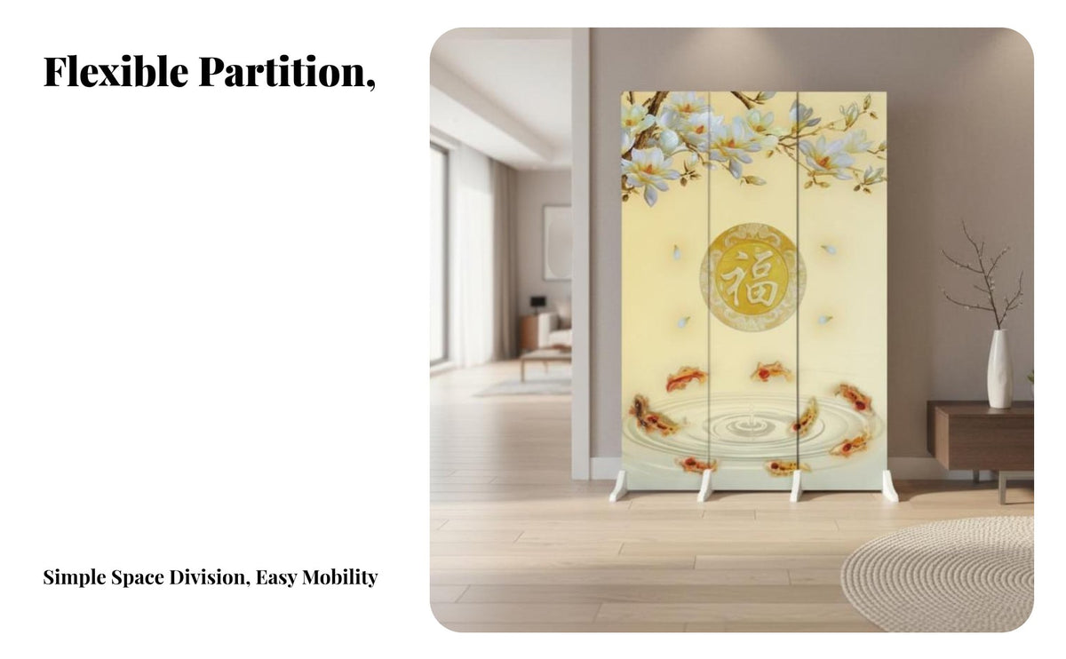 Foldable Design Movable Partition with 'Fu' Character Chinese aesthetic Room Divider Good Fortune Symbol Folding Screen Minimalist Aesthetic for Interior Decorators, Culture fans, Office Workers, Entryway, Bedroom, Studio Apartment