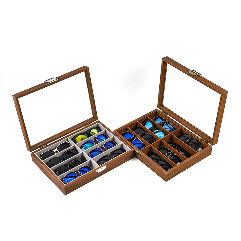 Walnut Wood Grain Eyeglass Storage Box for Sunglasses, 8-Slot Display Case