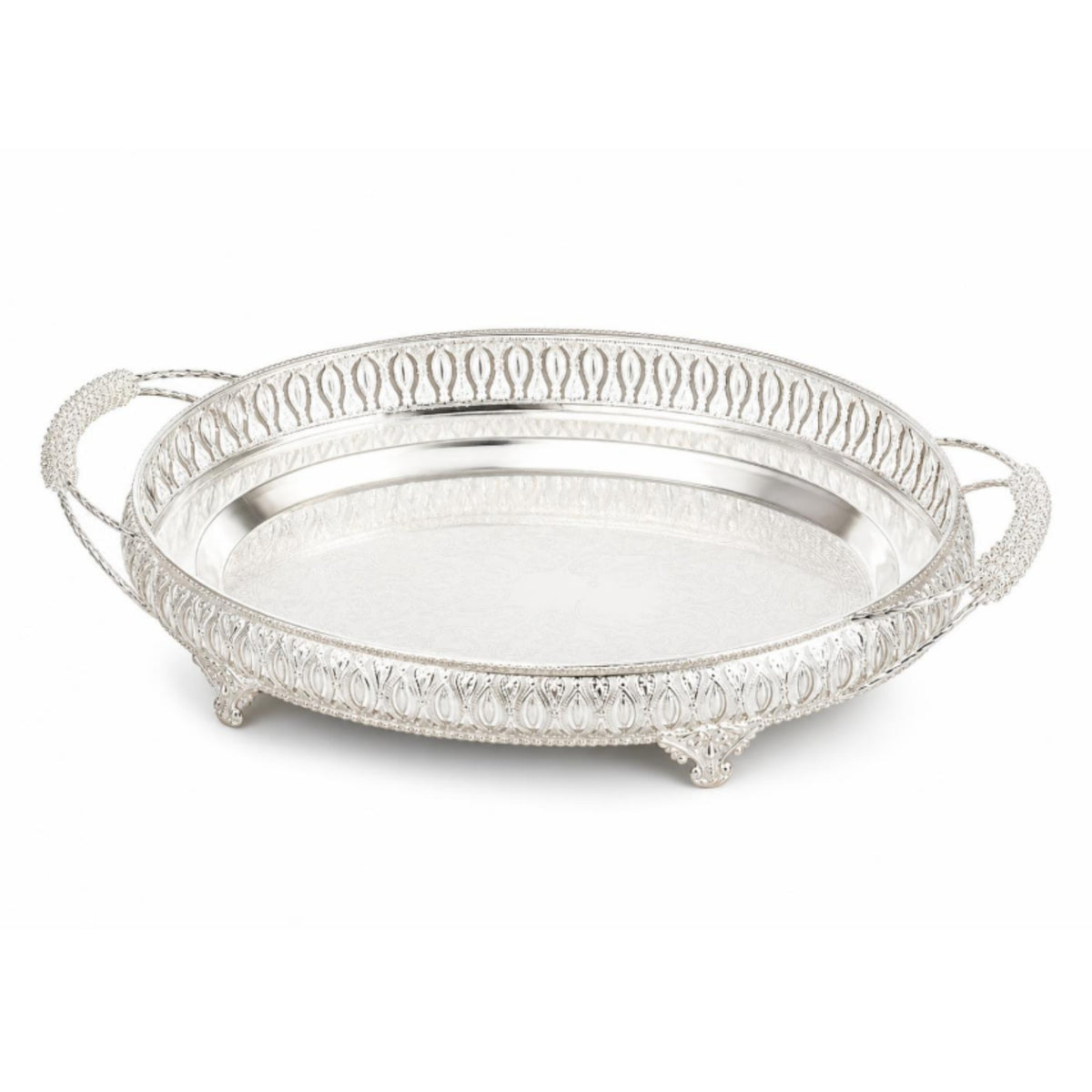 Mirrored Tray with Handles Openwork Decorative Tray Cutout edge Vintage-Retro Metal Serving Platter with Feet for Vanity, Living Room, Parties