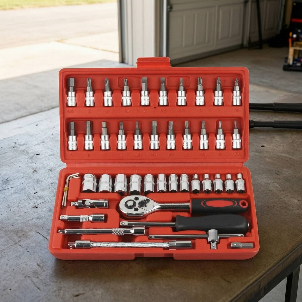 46 Pieces Automotive Socket Wrench Set with Case Portable Socket Wrench Set with Toolbox Polished Chrome Mechanics Tools Kit with Toolbox Precision for Garage
