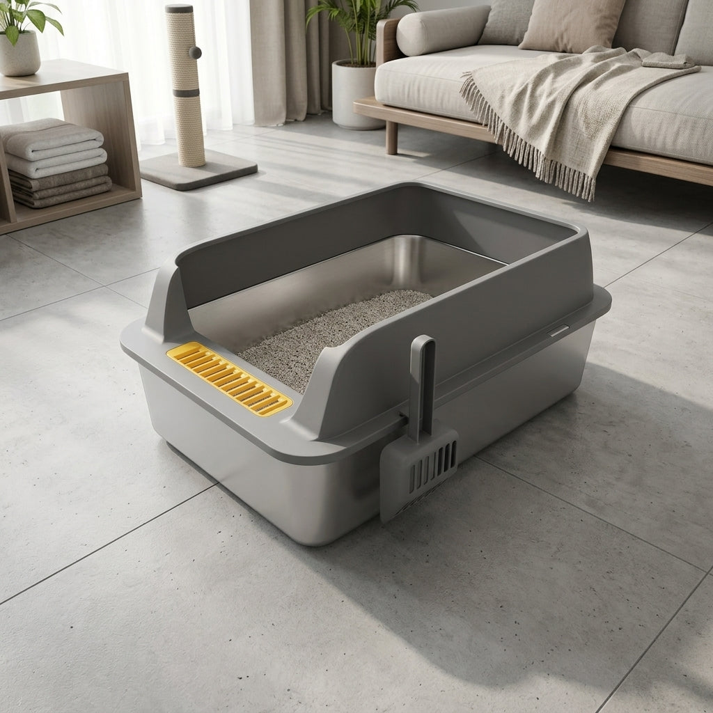 Stainless Steel Cat Litter Tray with High Sides, Open Pan with Ladle, Easy Indoor Multi-Cat Home Solution