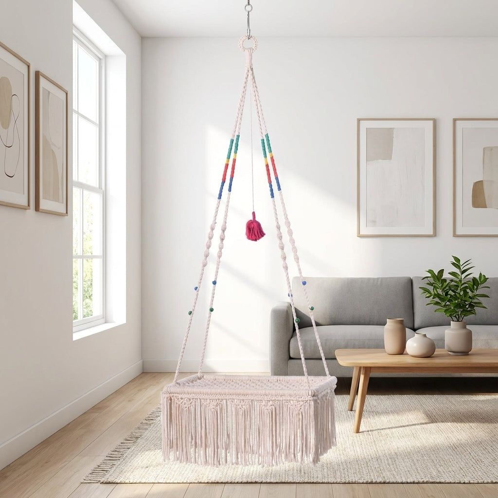 Bohemian Cat Bed Macrame Hanging Cat Hammock, Round Swing Hanging with Suction Cups, Space Saving Window Perch and Boho Macrame Cat Swing