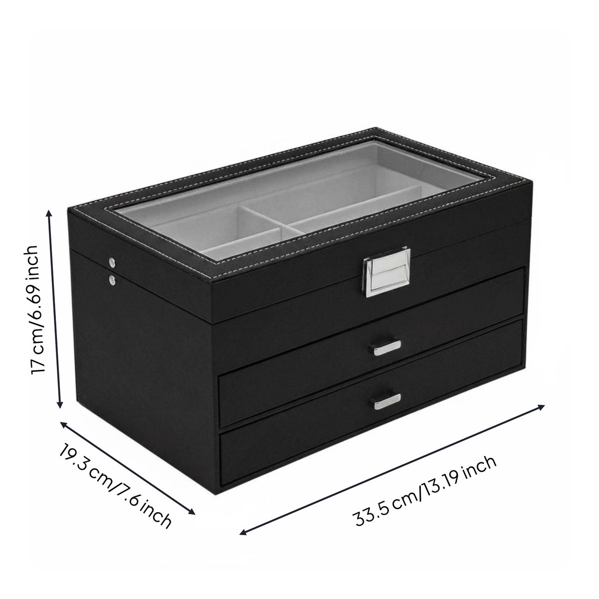 Transparent Top Window Three-Tier Eyeglass Box Black PU Leather Eyeglass Drawer Case Textile-Lined Sunglasses Organizer Metal Latch