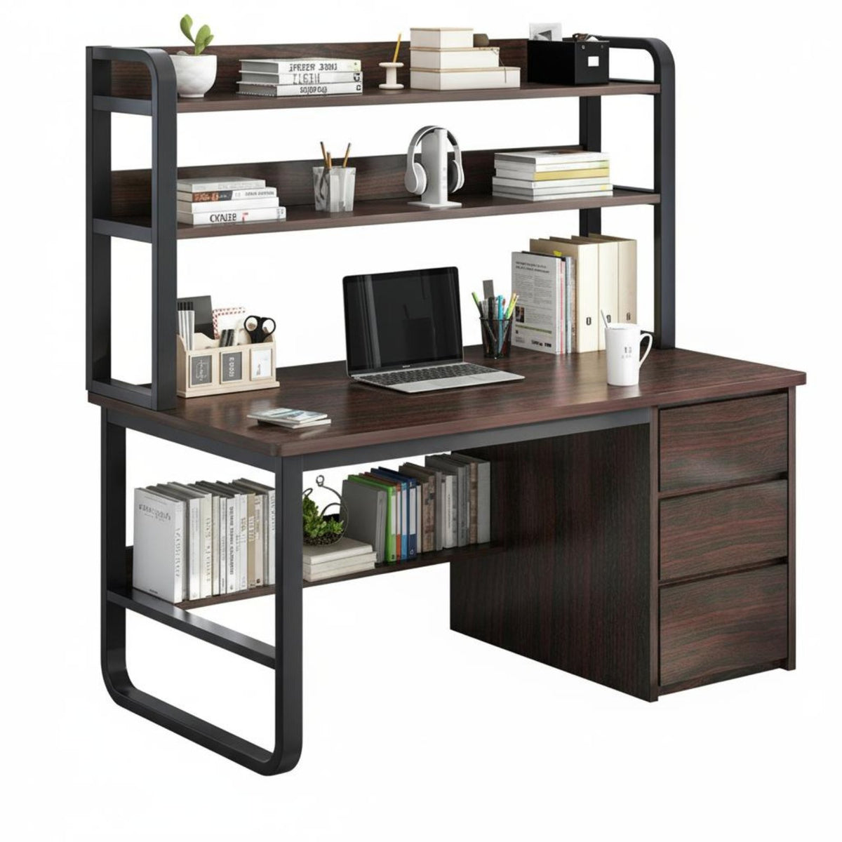1 Piece Bookshelf Desk Combo Computer Desk Study Desk with Shelves and Drawers Space-saving Modern Construction Suitable for Teens Adults Bedroom Home Office Workstation