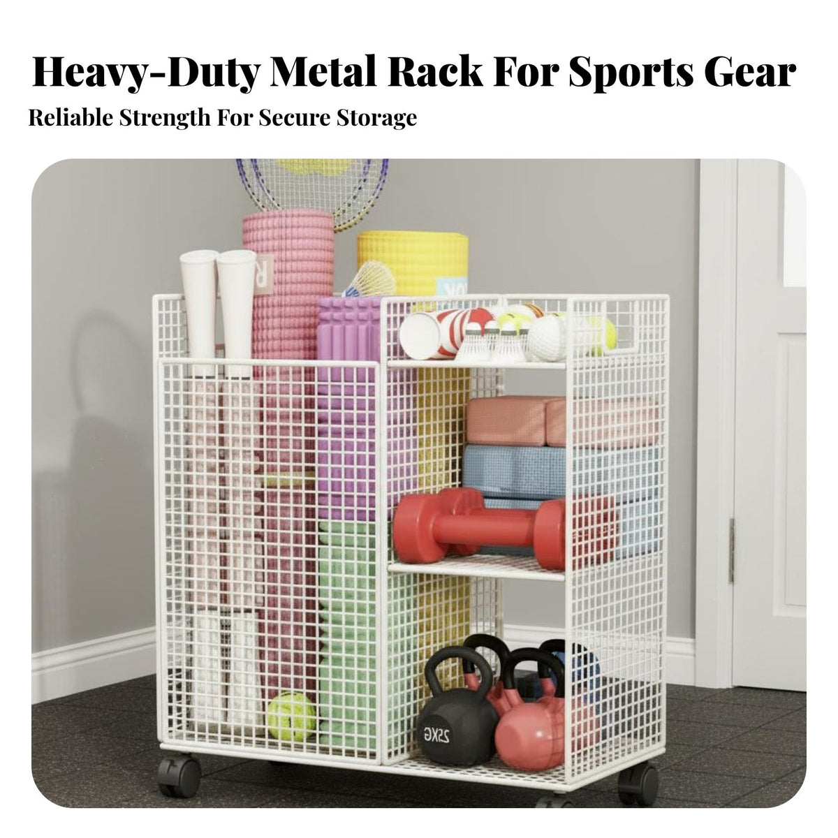 With Wheels Mind-Body Practice Mat Storage Rack Space Saving Home Gym Storage Cart Large Capacity Rolling Sports Equipment Holder Heavy Duty